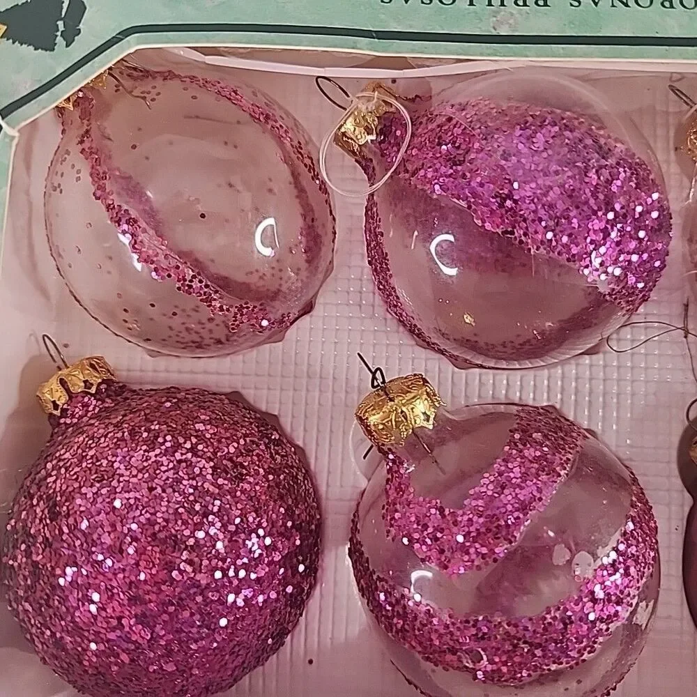 Christmas Ornaments By Krebs 6 Pink Jewel/Glitter Glass Designer With Crown